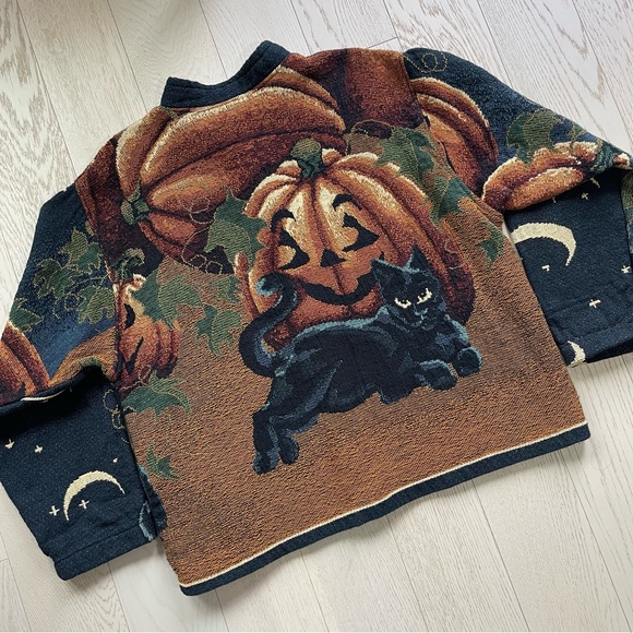 Vintage 90s Sugar Street Weavers Halloween Pumpkin Celestial Cat Tapestry Jacket - Picture 10 of 17